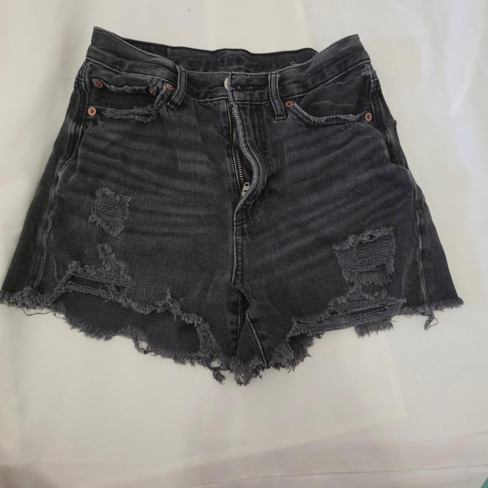 American Eagle Distressed High Waisted Denim Shorts Black Gray Size 00 Raw Hem